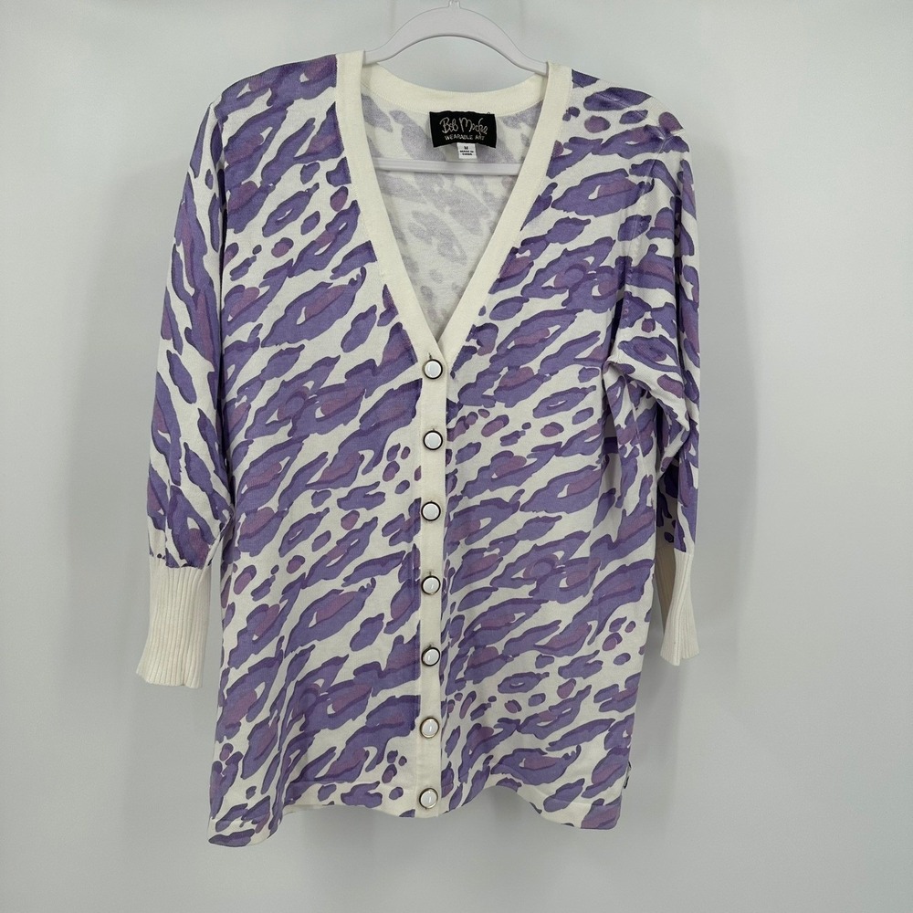 Bob Mackie Womens Whimsical Abstract Animal Print Cardigan Sweater Sz M Eclectic